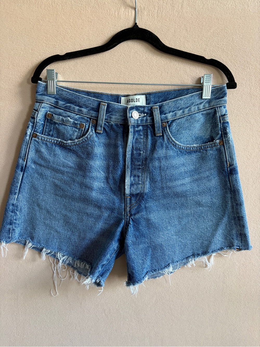 Agolde Parker Long Denim Shorts Raw Hem Rigid size 27